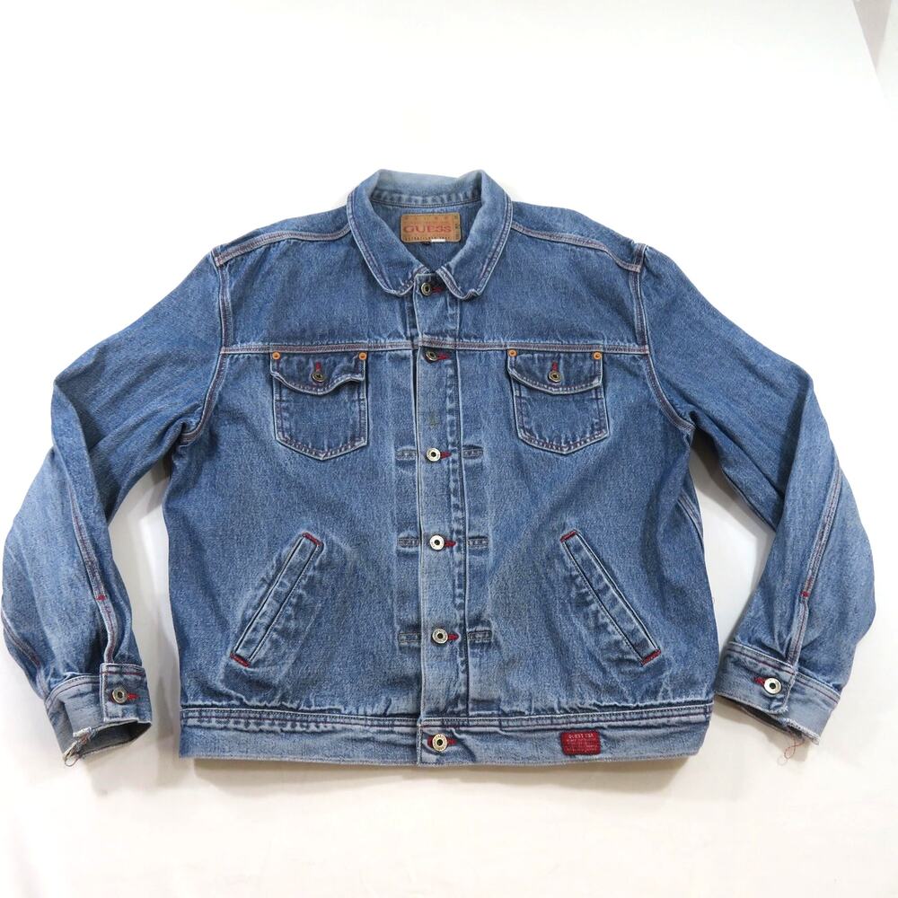 GUESS Jean Jacket Medium to Light Wash Blue Denim Made in USA Sz 3XL